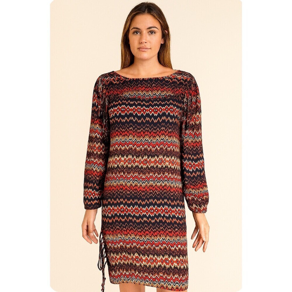 Zara Woman Dress Red Multicolor Chevron Stripes Long Sleeve Shift Fringe SZ M